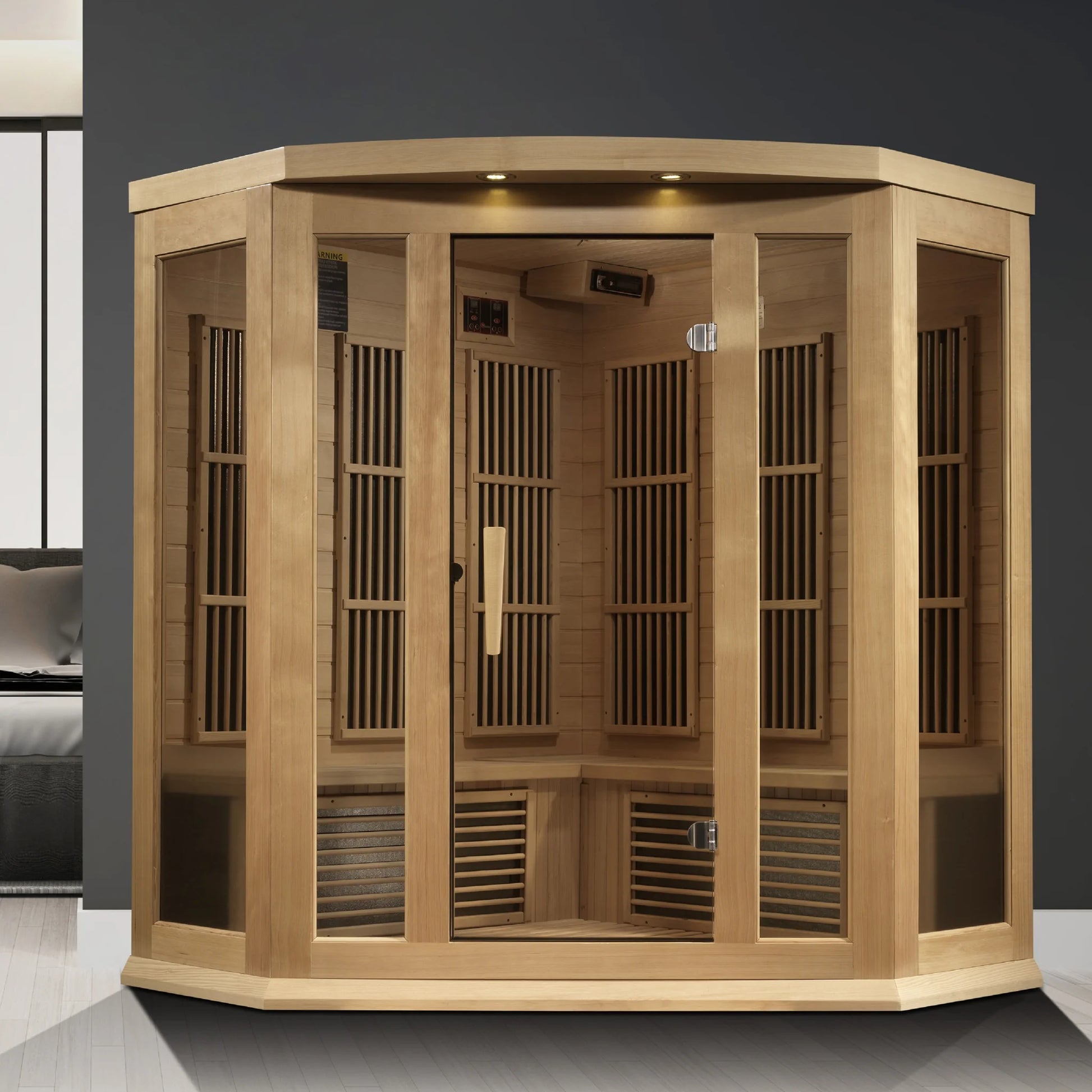 Front view 4 of the Maxxus 3-Person Corner Near Zero EMF FAR Infrared Sauna (MX-K356-01-ZF) – near zero EMF infrared sauna