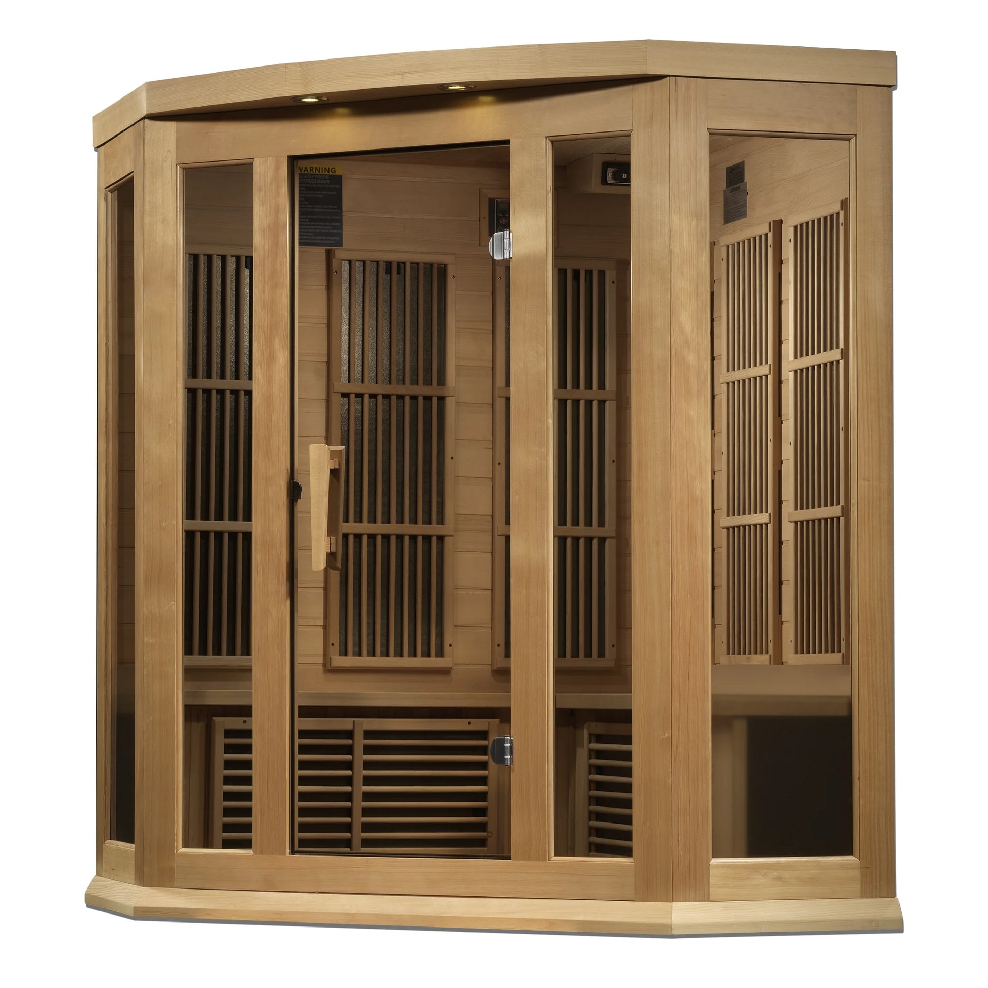 Front view of the Maxxus 3-Person Corner Near Zero EMF FAR Infrared Sauna (MX-K356-01-ZF) – near zero EMF infrared sauna