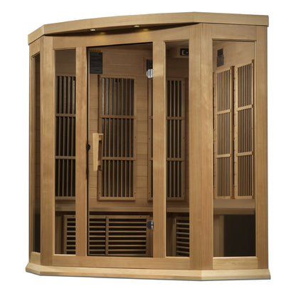 Front view of the Maxxus 3-Person Corner Near Zero EMF FAR Infrared Sauna (MX-K356-01-ZF) – near zero EMF infrared sauna