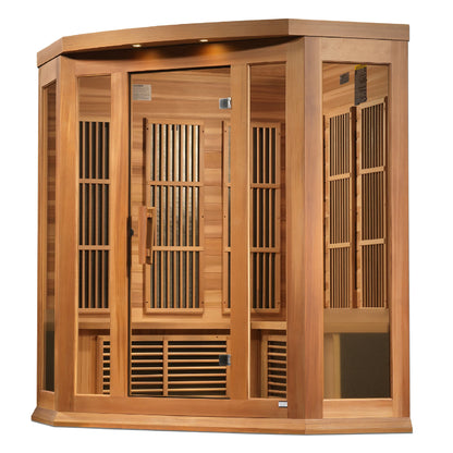 Front view 2 of the Maxxus 3-Person Corner Near Zero EMF FAR Infrared Sauna (MX-K356-01-ZF CED) – near zero EMF infrared sauna