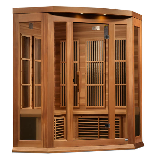 Front view 3 of the Maxxus 3-Person Corner Near Zero EMF FAR Infrared Sauna (MX-K356-01-ZF CED) – near zero EMF infrared sauna