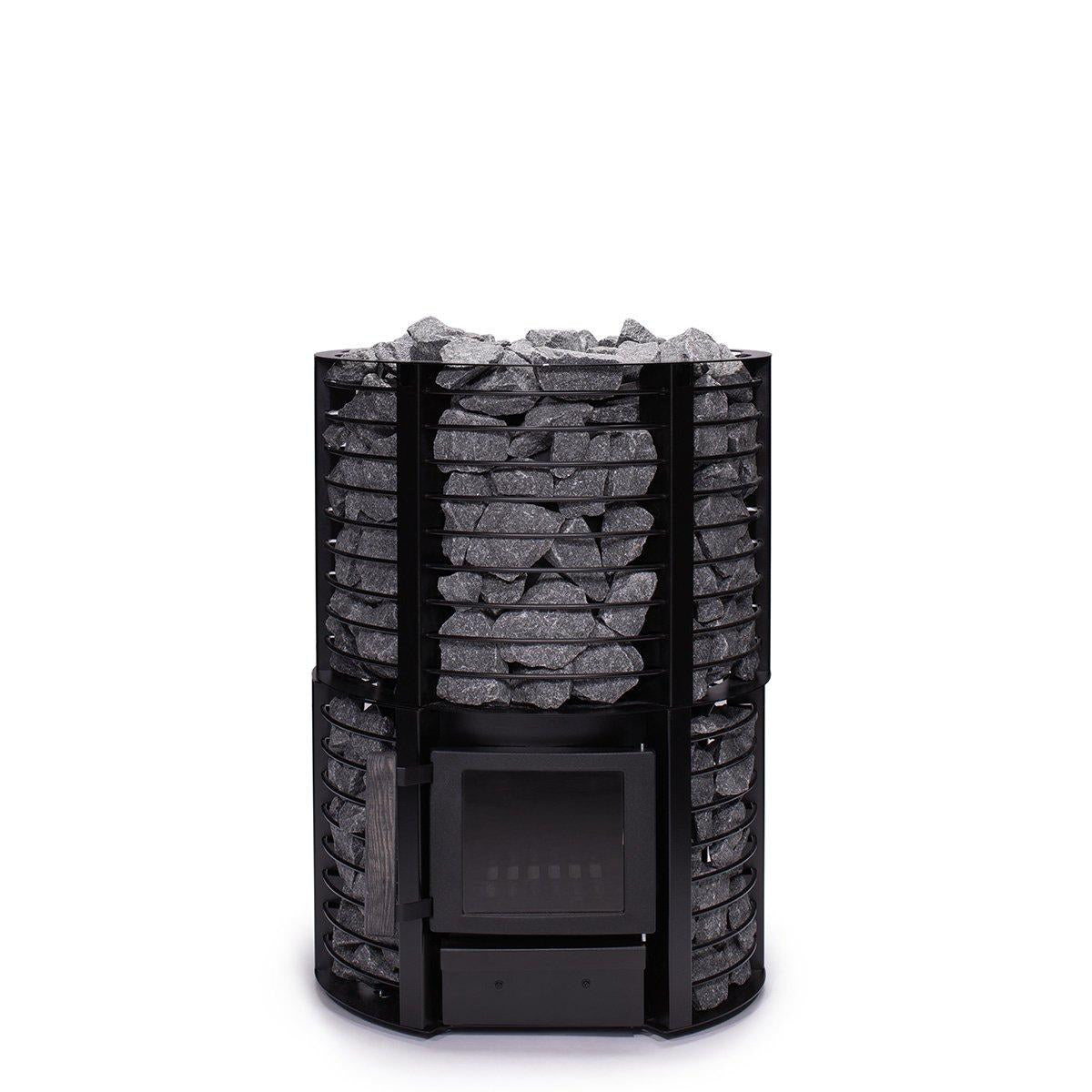 Narvi Inari Plus Wood-Burning Sauna Stove with Lower Stone Cage, exterior 3/4 front
