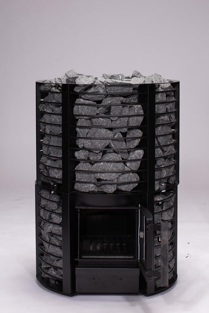 Narvi Inari Plus Wood-Burning Sauna Stove with Lower Stone Cage, studio beauty shot, high-res