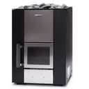Narvi Kuru wood-burning sauna stove, black steel body with stainless door frame and glass door, stones on top