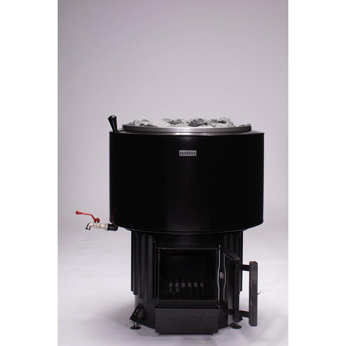 Narvi Luosto VS Wood-Burning Sauna Stove with 30 L Water Tank, front elevation
