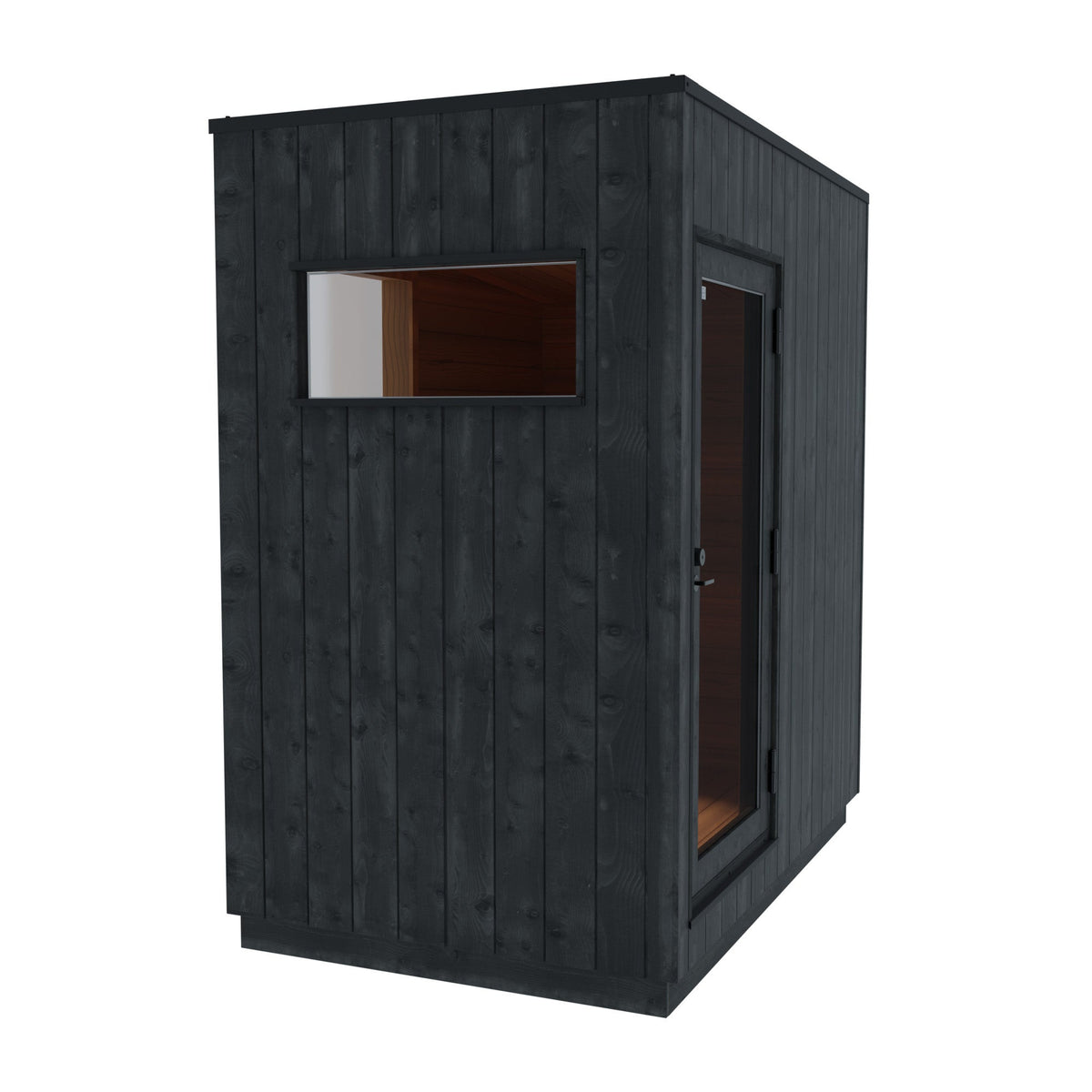 ThermaSol Nordic Misty Changing Room module, three-quarter studio view in charred black cladding with a window and door