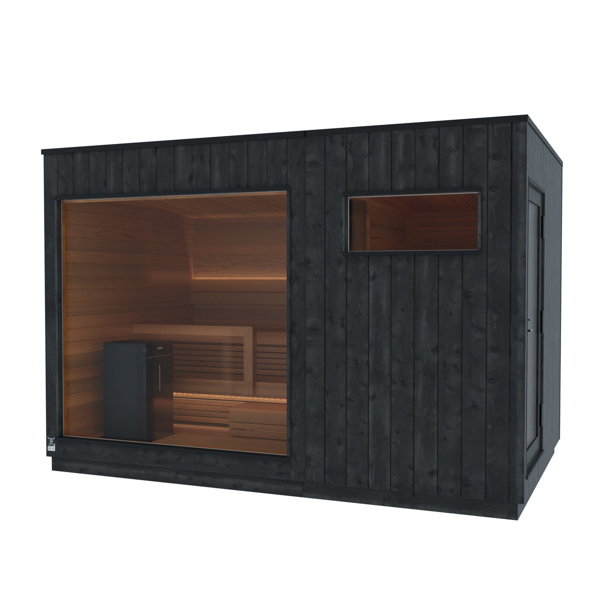 Nordic Misty Changing Room shown assembled onto a Nordic Misty sauna, studio view