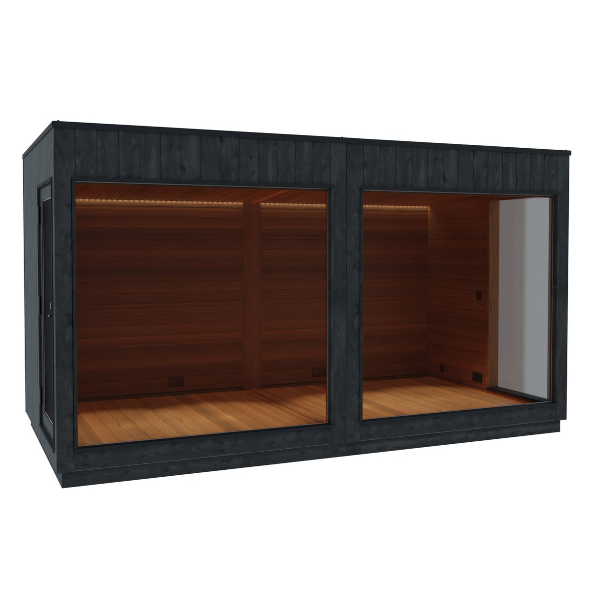 ThermaSol Nordic Misty Lounge module, three-quarter studio view, charred black cladding with a cedar-lined interior and full-height glazing