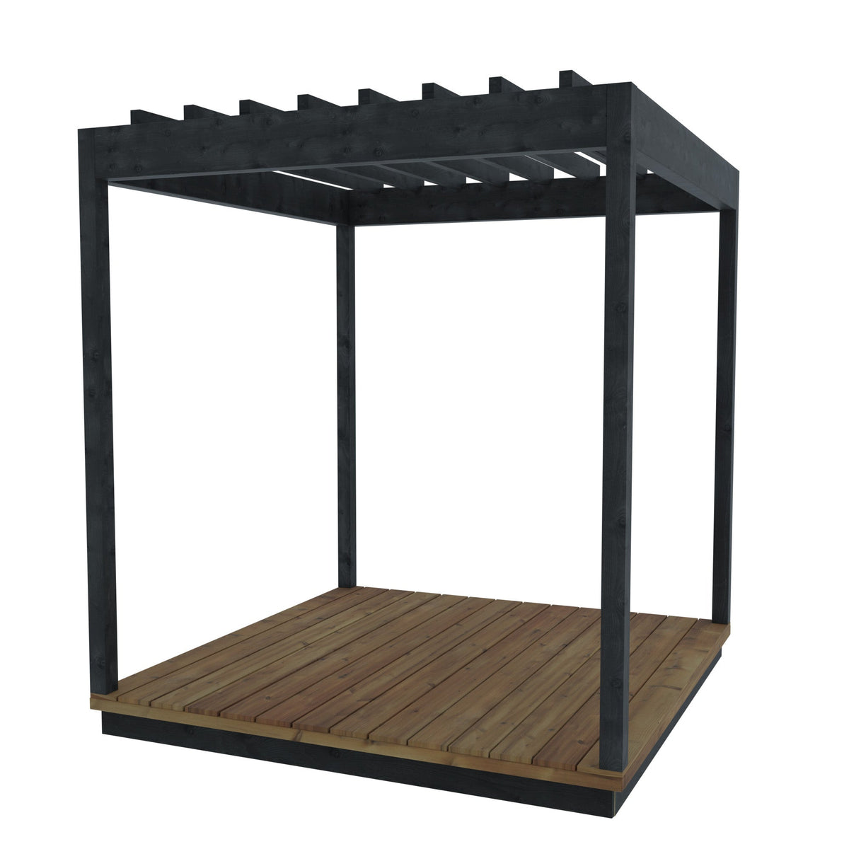ThermaSol Nordic Misty Pergola module, three-quarter studio view, slatted black roof over a timber deck