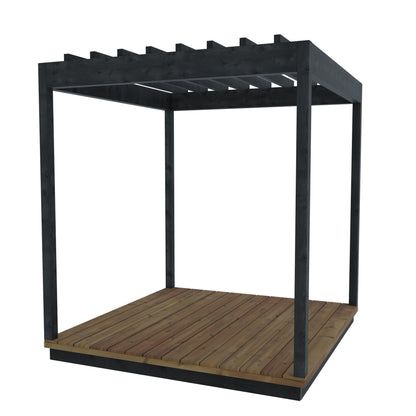 ThermaSol Nordic Misty Pergola module, three-quarter studio view, slatted black roof over a timber deck