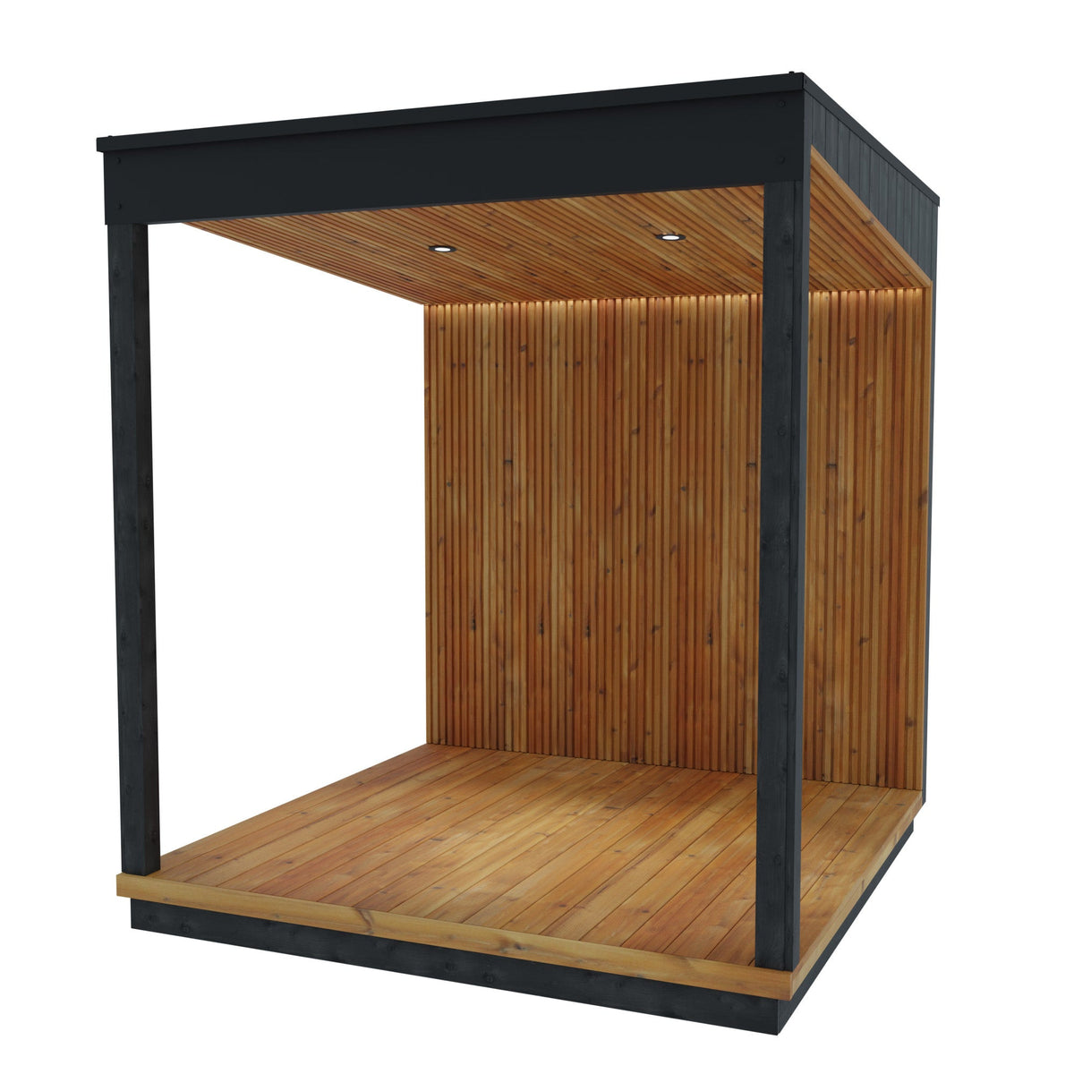 ThermaSol Nordic Misty Terrace module, three-quarter studio view, black frame over a timber deck