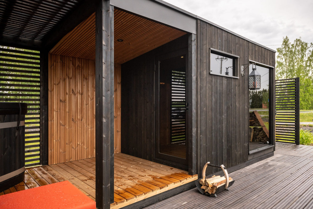 Nordic Misty sauna, changing room, terrace and pergola arranged together