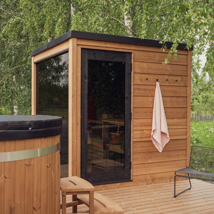 ThermaSol Nordic Dawn outdoor sauna cabin, the full front glazing
