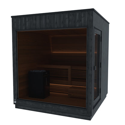 ThermaSol Nordic Misty outdoor sauna cabin, studio rear three quarter view