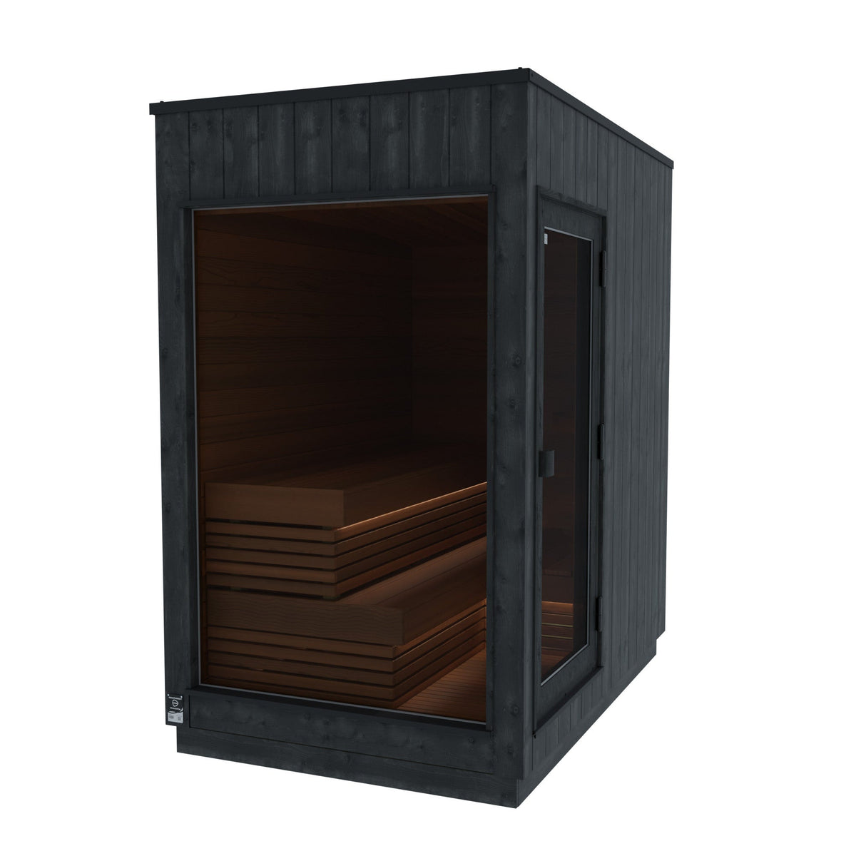 ThermaSol Nordic Misty outdoor sauna cabin, studio view with the heater visible through the glass