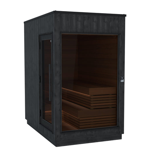 ThermaSol Nordic Misty outdoor sauna cabin, three quarter studio view in black heat treated spruce