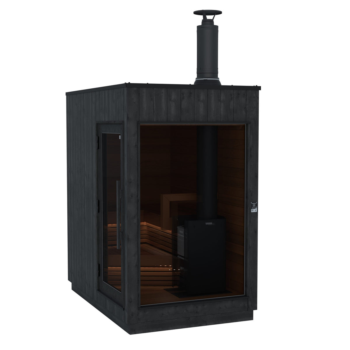 ThermaSol Nordic Misty outdoor sauna cabin with the wood-burning Harvia Legend stove and flue, door left