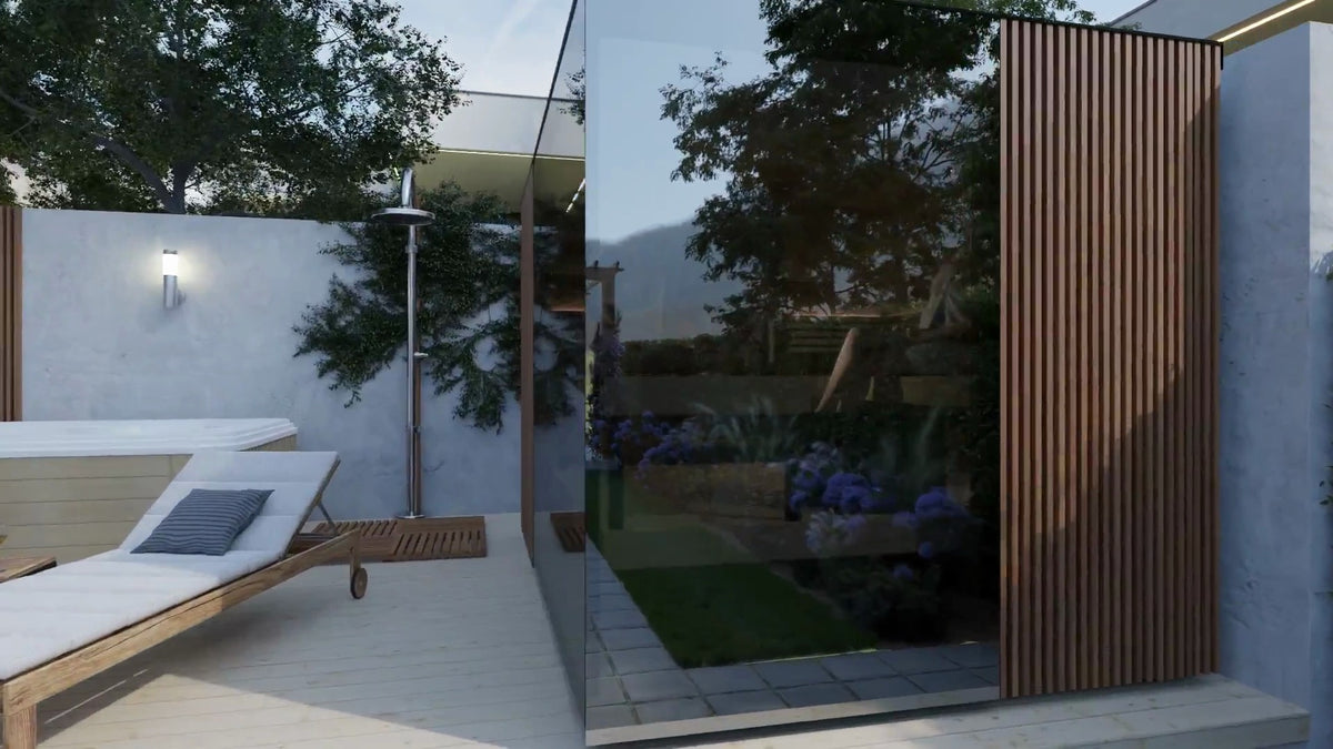 ThermaSol Ombra outdoor sauna cabin, the glass and timber facade seen close up