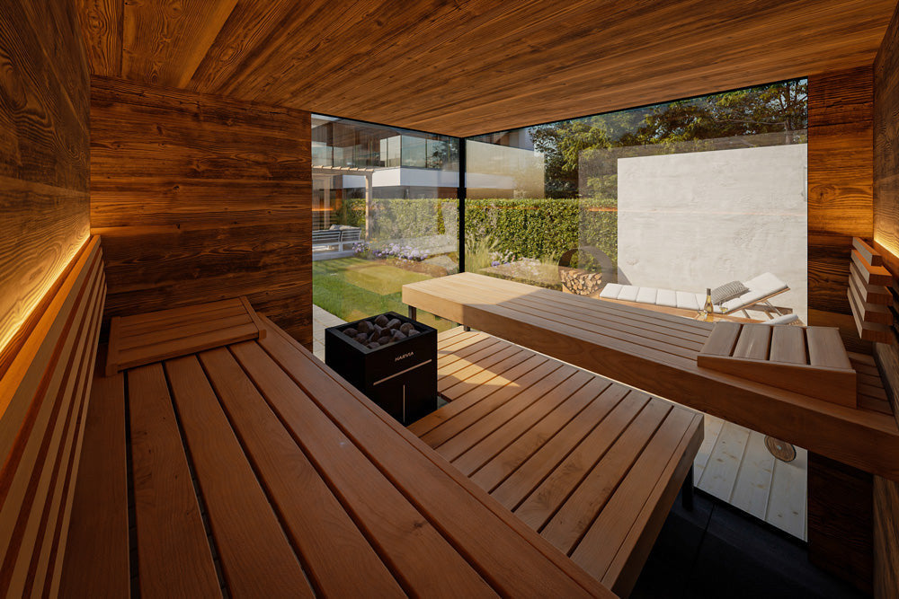 ThermaSol Ombra outdoor sauna cabin, the interior benches