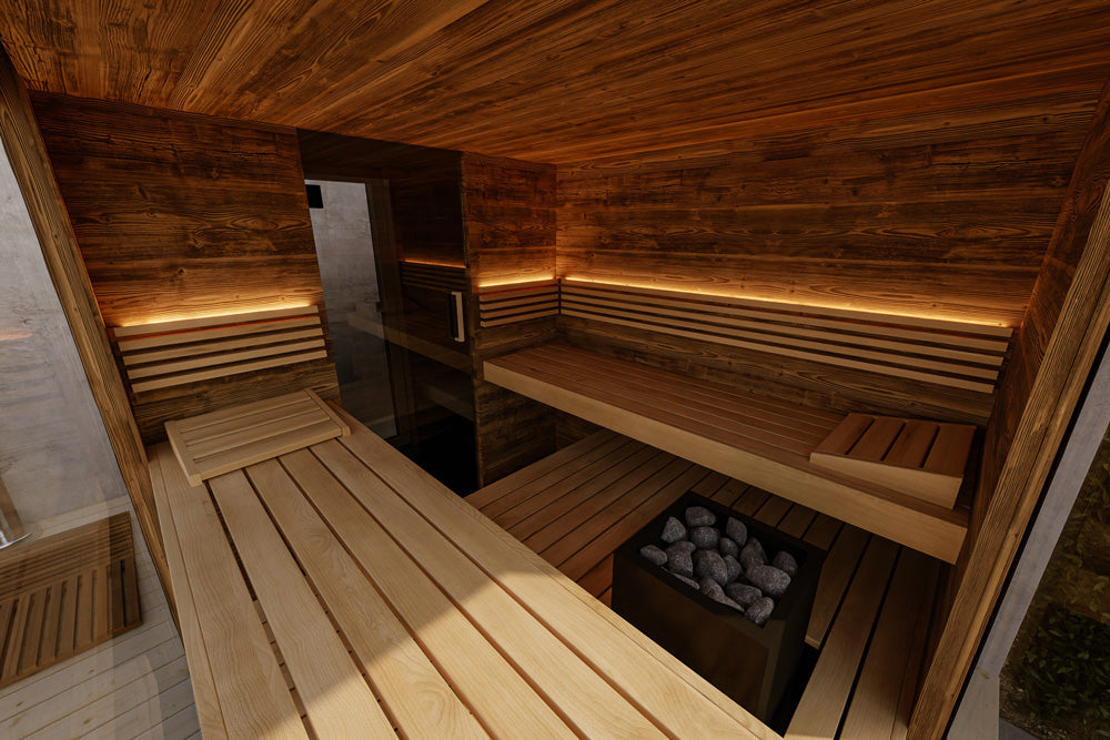 ThermaSol Ombra outdoor sauna cabin, the interior with the heater