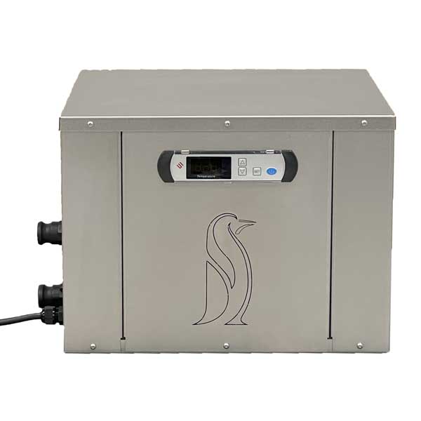 Penguin Cold Therapy Chiller, stainless cabinet with digital display, sold with LeisureCraft cold plunge tubs
