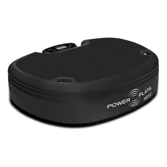 Power Plate MOVE compact whole body vibration platform in black, with its four button control console