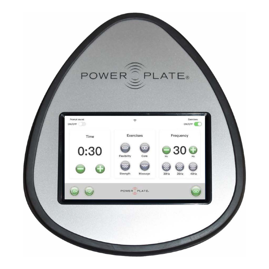Power Plate my5 touchscreen console showing time, exercises and frequency controls