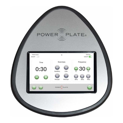 Power Plate my5 touchscreen console showing time, exercises and frequency controls