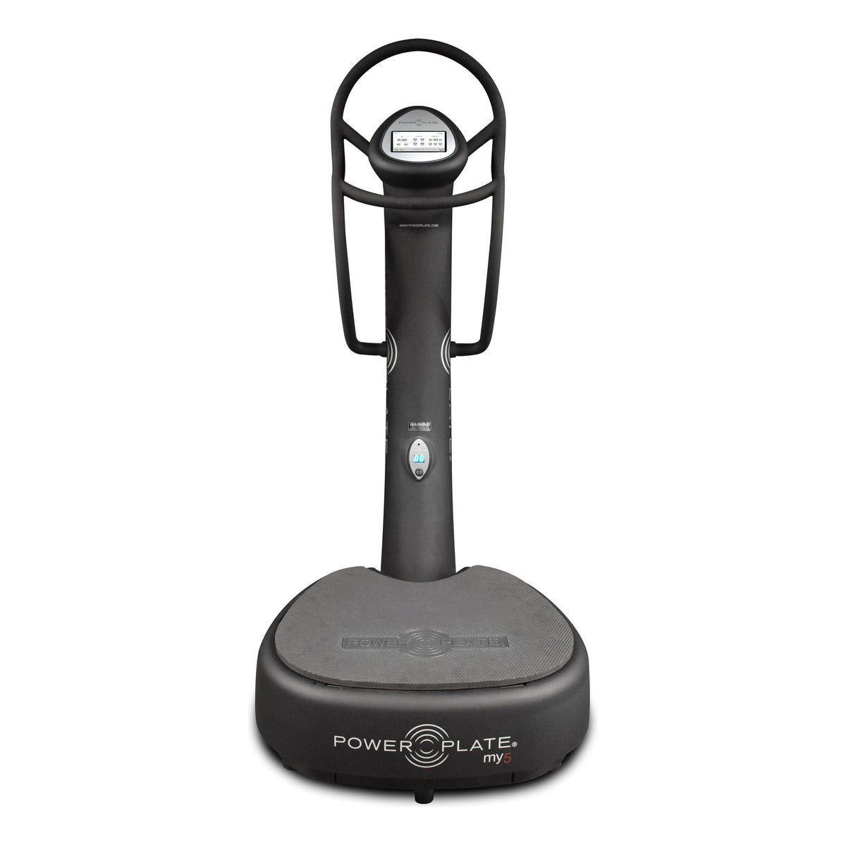 Front view of the Power Plate my5, with the touchscreen console and handlebars