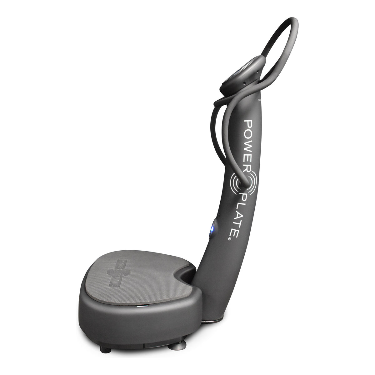 Side profile of the Power Plate my5, showing the curved column and platform base