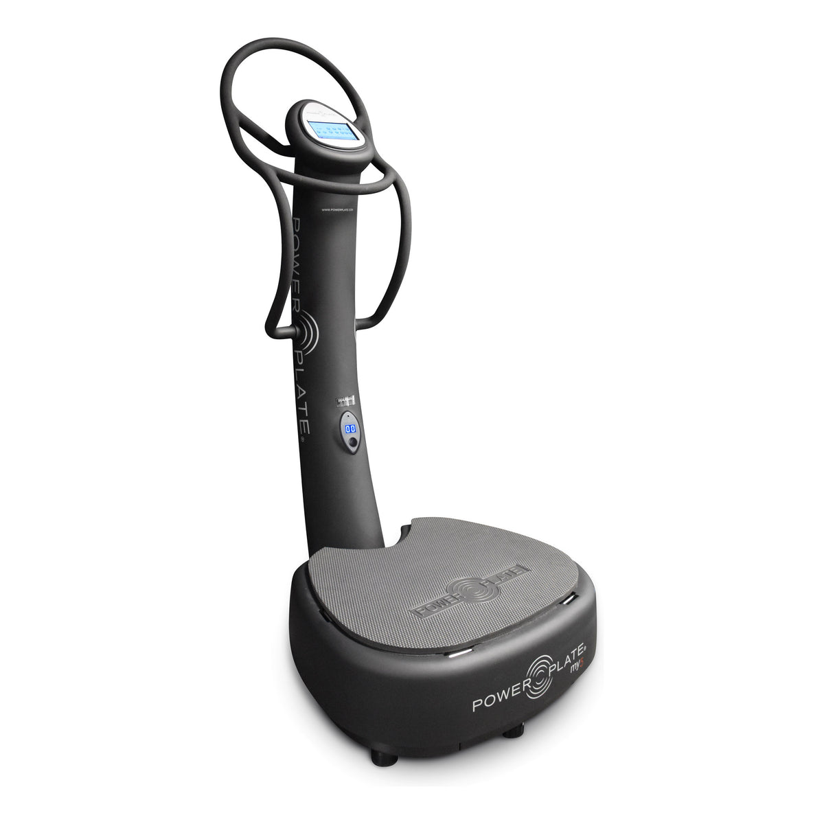 Power Plate my5 whole body vibration platform in matte black, with its touchscreen column and handlebars