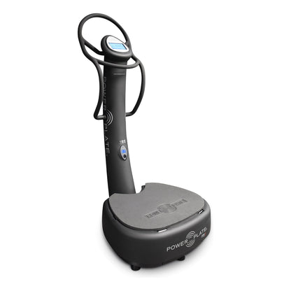 Power Plate my5 whole body vibration platform in matte black, with its touchscreen column and handlebars