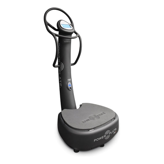 Power Plate my5 whole body vibration platform in matte black, with its touchscreen column and handlebars
