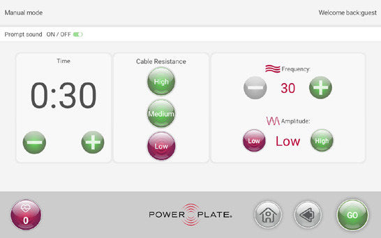 Power Plate my8 manual mode screen with time, cable resistance, frequency and amplitude controls