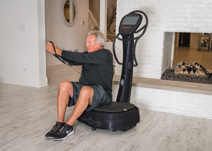 Man seated on the Power Plate my8 platform, holding both proMOTION cables with his arms extended forward