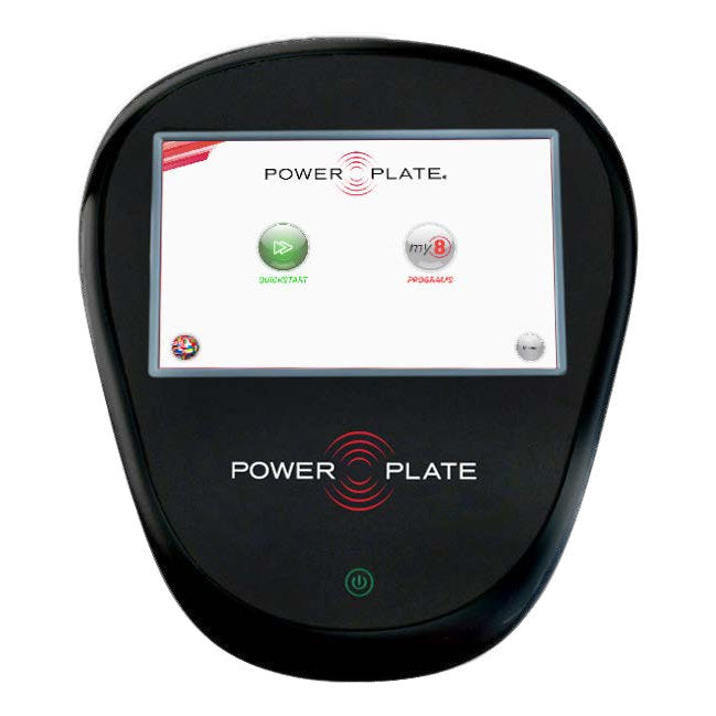 Power Plate my8 touchscreen console showing the Quickstart and my8 Programs buttons