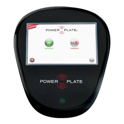 Power Plate my8 touchscreen console showing the Quickstart and my8 Programs buttons