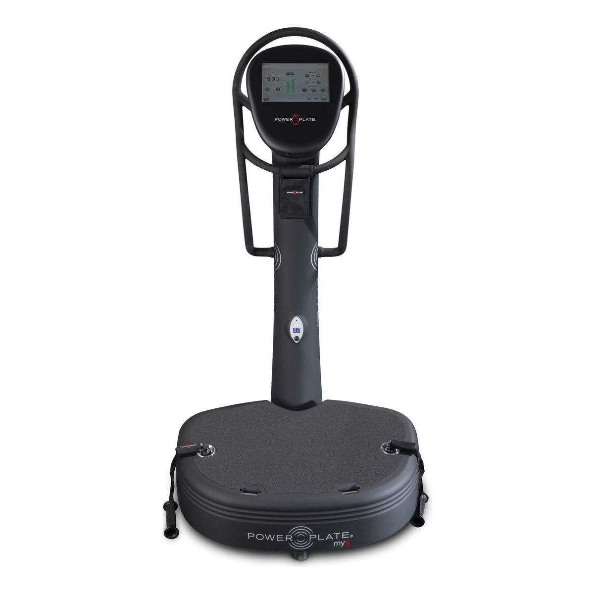 Power Plate my8 viewed from the front, with the cables resting at the platform corners