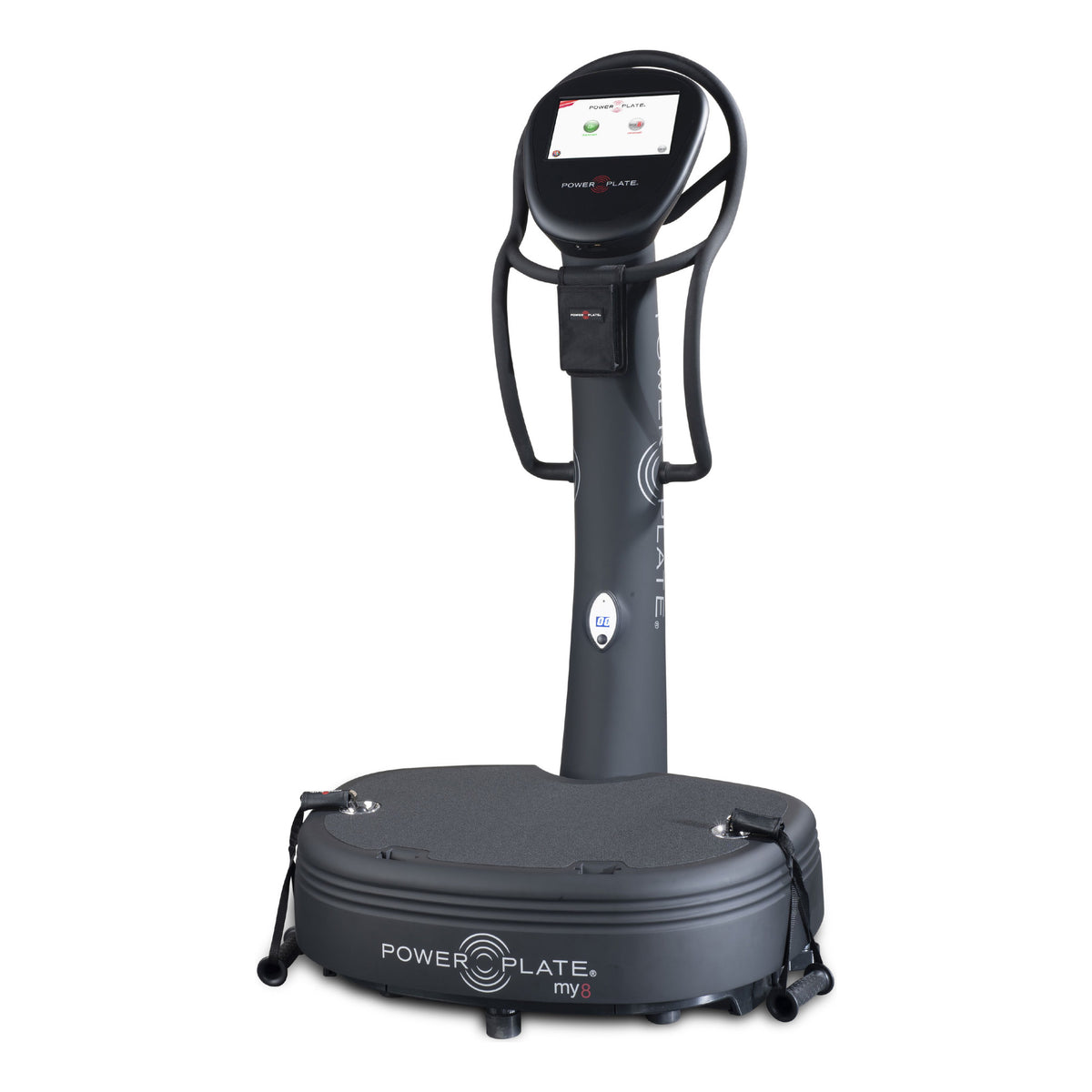 Power Plate my8 whole body vibration platform in matte black, with its touchscreen showing Quickstart and my8 Programs