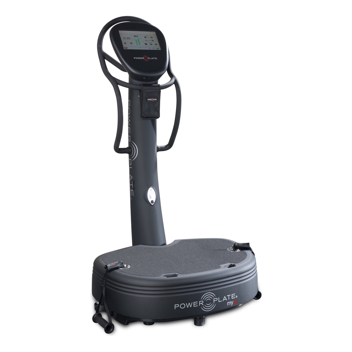 Power Plate my8 at a three quarter angle from its left, with the manual mode screen showing
