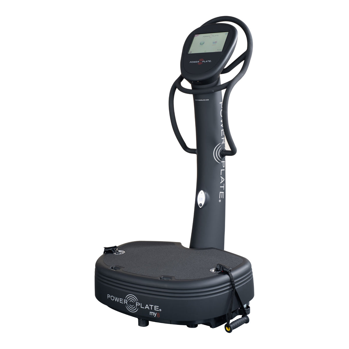 Power Plate my8 in side profile, showing the curved column and handlebar loop