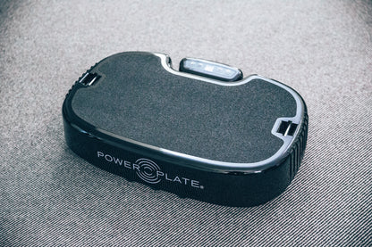 Personal Power Plate resting on a woven rug, seen from above