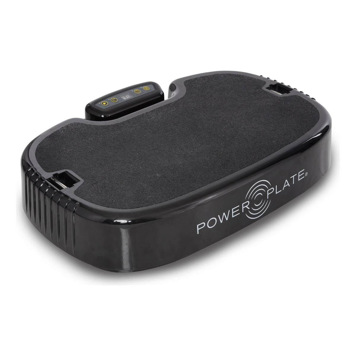 Personal Power Plate in black from the other side, showing the Start/Stop, Repeat, 30 Sec/60 Sec and Low/High buttons