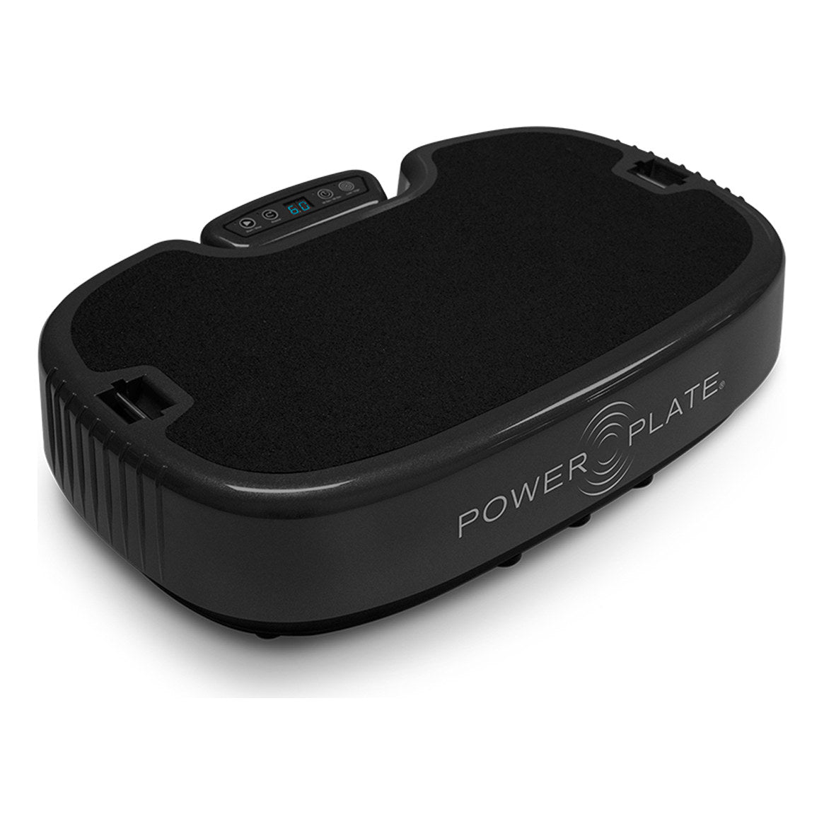 Personal Power Plate whole body vibration platform in black, three quarter view with the control console at the back edge