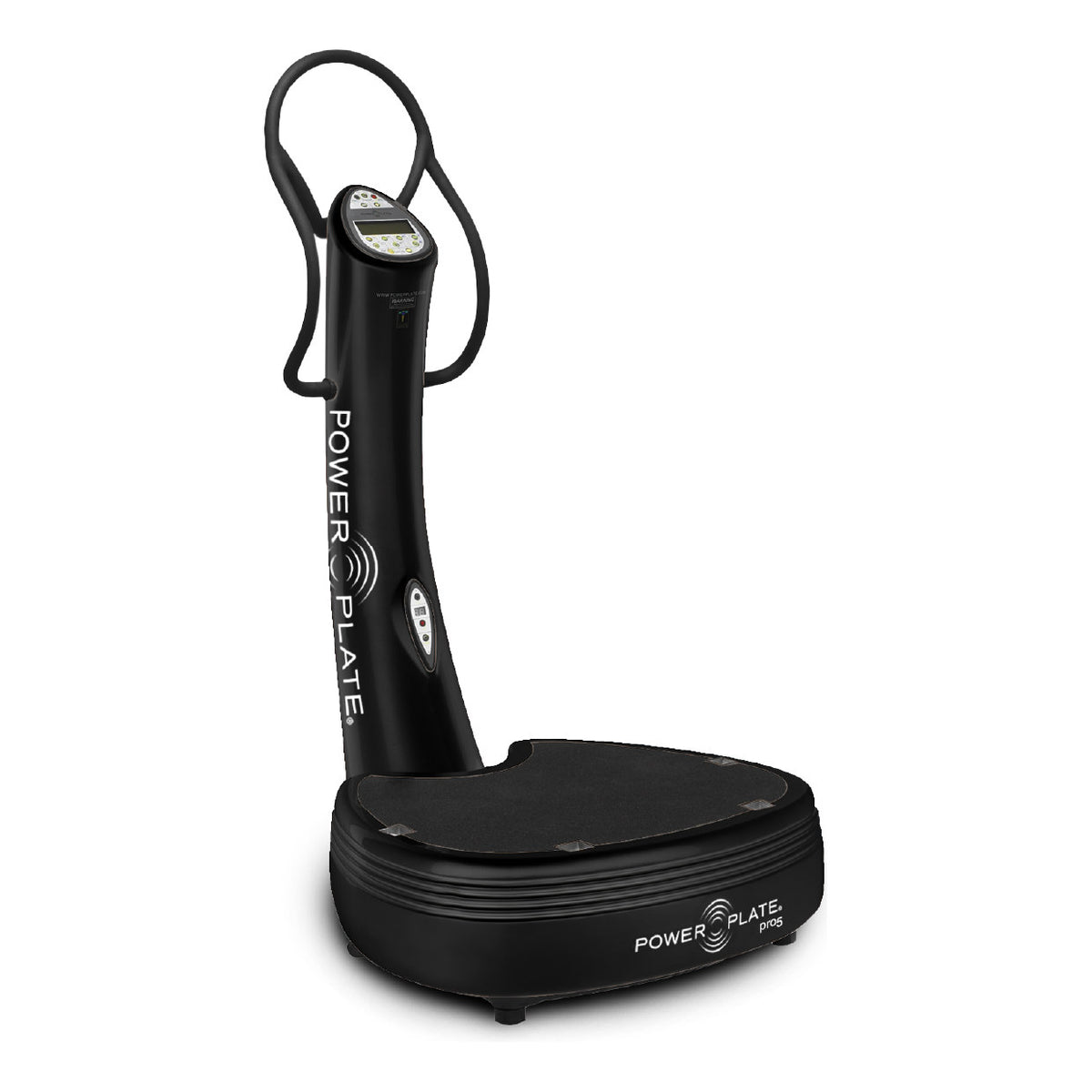 Power Plate pro5 in matte black seen from the left, showing the curved column and platform base