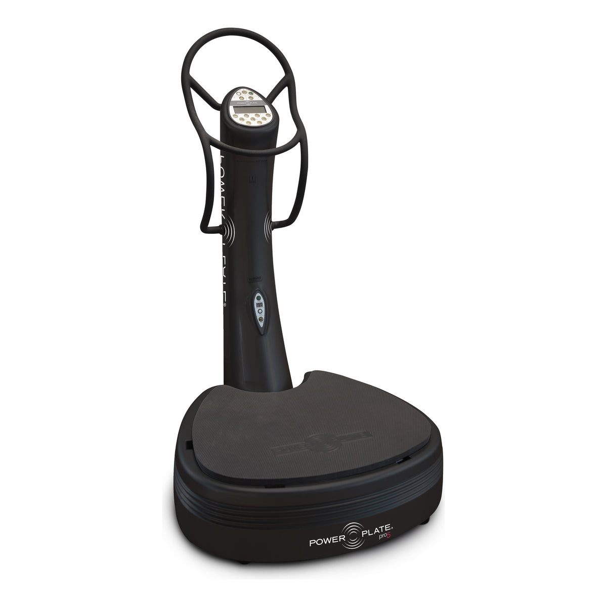 Power Plate pro5 whole body vibration platform in matte black, with its handlebars and display column
