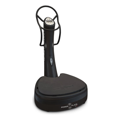 Power Plate pro5 whole body vibration platform in matte black, with its handlebars and display column