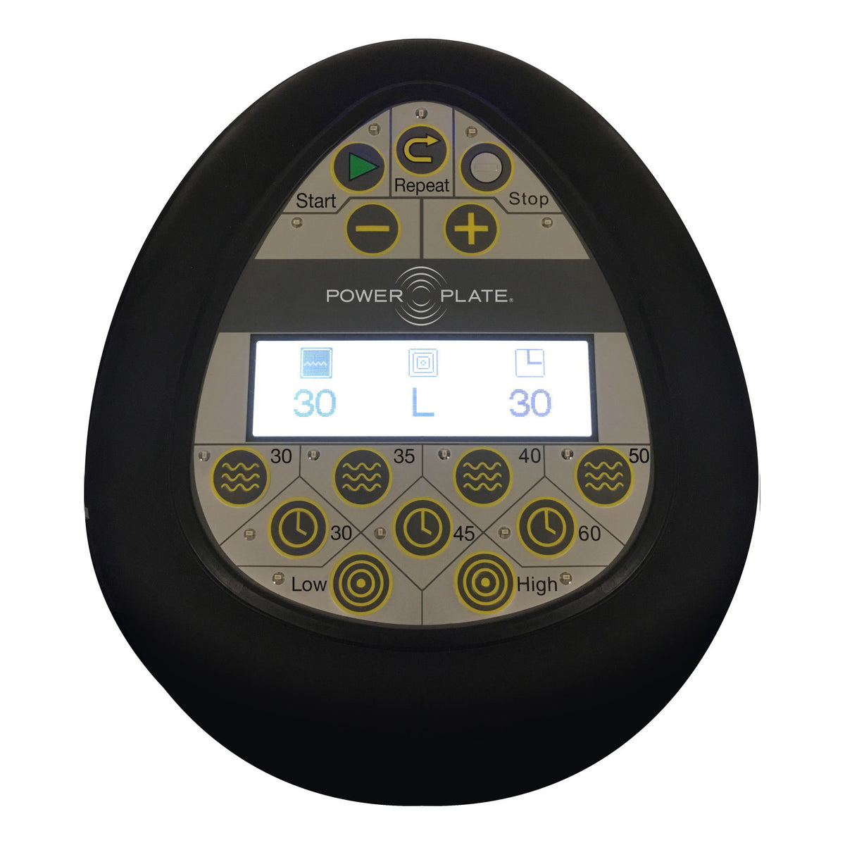 Power Plate pro5HP control panel with Start, Repeat, Stop, plus and minus keys, preset frequency and time keys and Low and High
