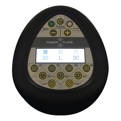Power Plate pro5HP control panel with Start, Repeat, Stop, plus and minus keys, preset frequency and time keys and Low and High