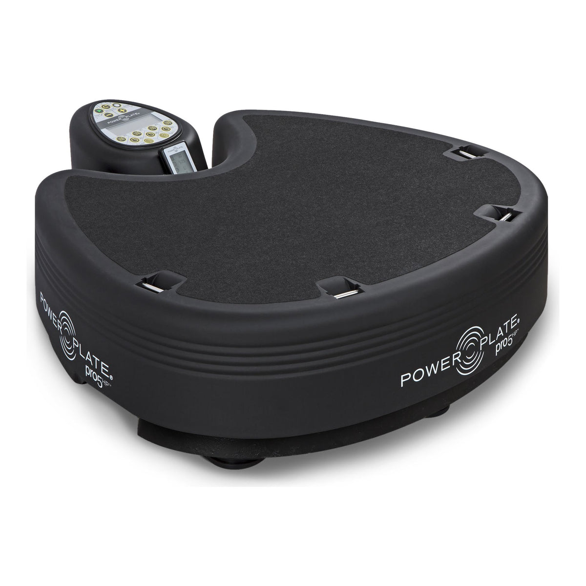 Power Plate pro5HP whole body vibration platform in matte black, a low platform with its control panel at the back edge